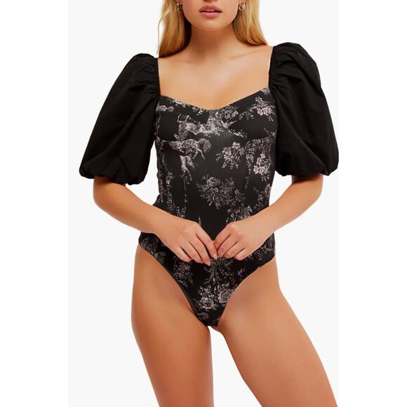 Free People Prarie Rose Puff Sleeve Bodysuit Black Coquette Romantic Large NWT - Picture 2 of 13